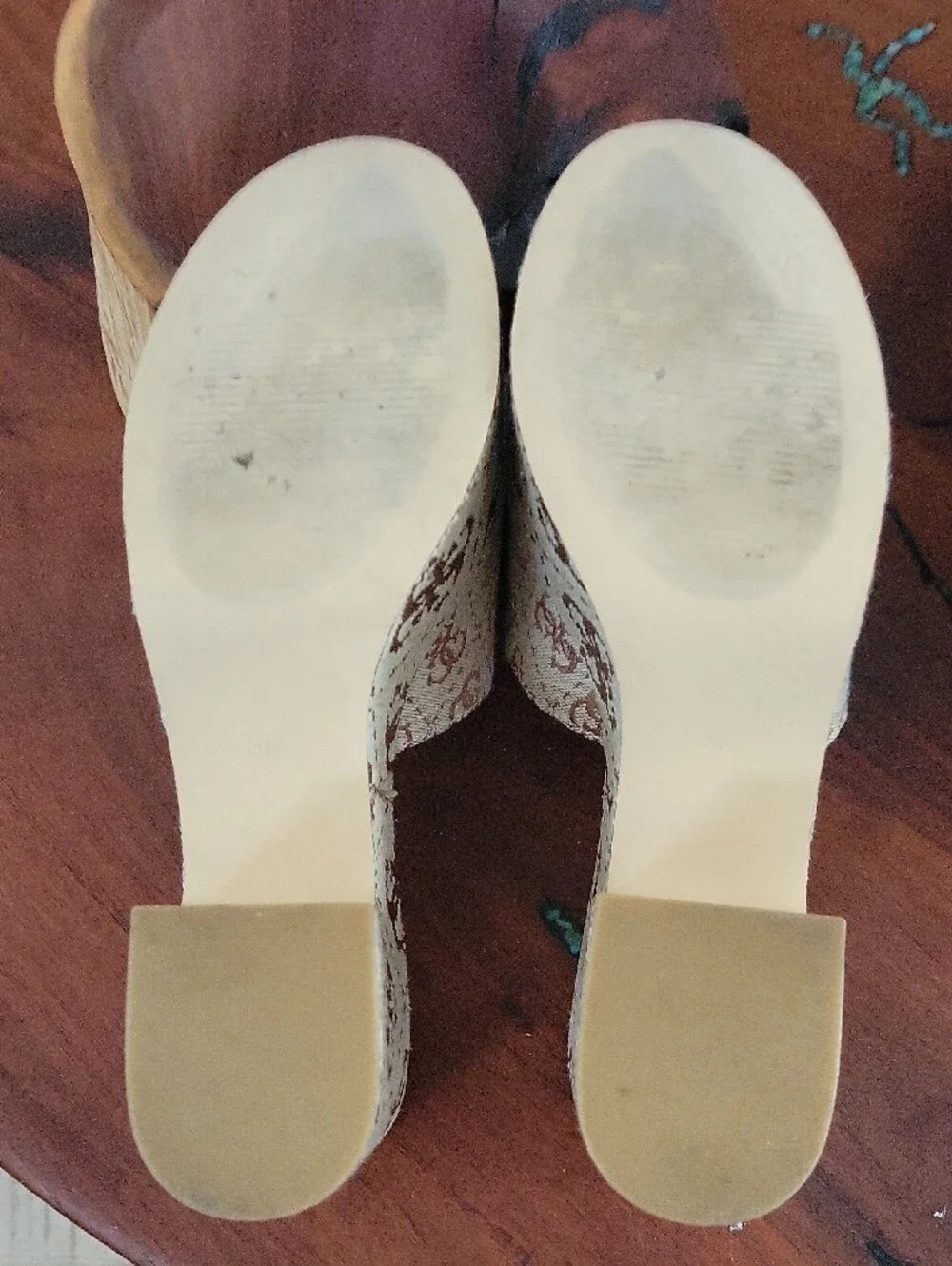 GUESS Yapplea Beige and Brown Logo Platform Mules